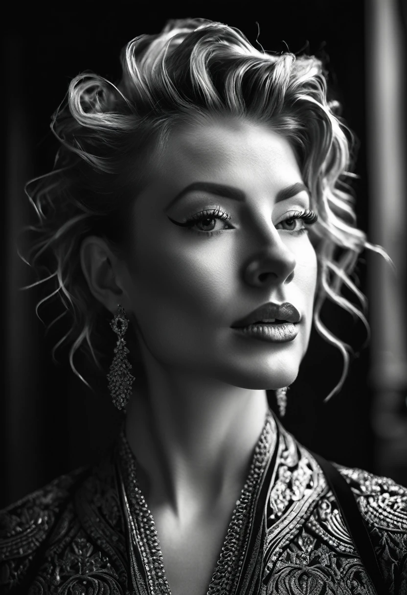 Ultra detailed, intricate detail, cinematic photo. intense backlight. Chiaroscuro. Beautiful face, intricate. Night in new york. Black and white, b&w, golden hour. Award winning monochromatic photograph in extreme low angle full body portrait of shy smile, playful, strong Beautiful punk rock woman in very ornate tight teal suit, Cleavage,. Posing smiling. Undercut, shaved redhead. Caravaggio style. Vermeer, Goya, Caravaggio. Cleavage.
