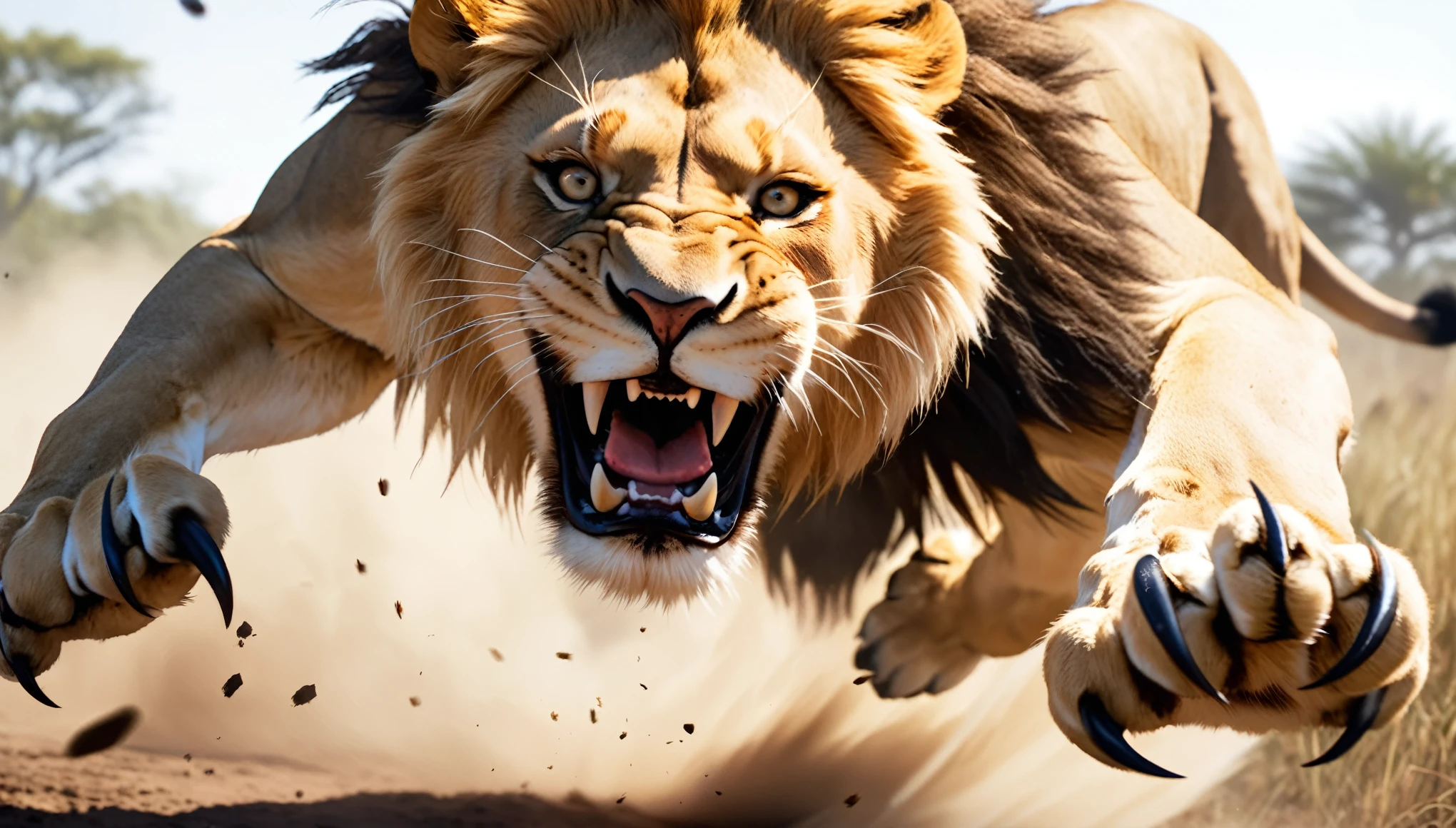 Realistic photos, RAW Photos, lion, attacks viewer, Powerful movements, jump on prey, ((Dynamic jump)), Sharp Claws, lion approaching from above, sudden approach, Bad-tempered, dynamic Shot from grand