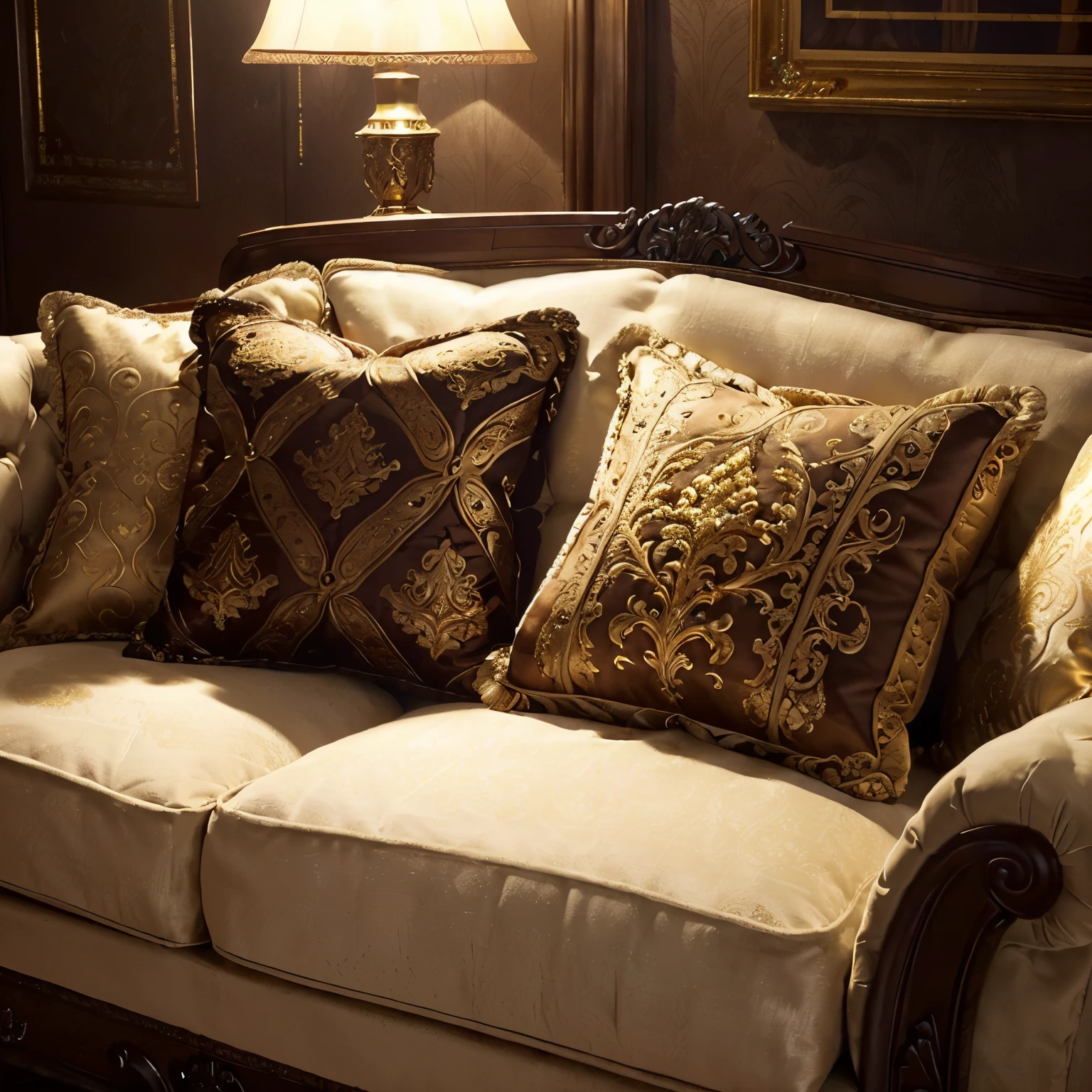 arafed couch with pillows and a lamp in a room, elegant furniture, rich lighting, luxury furniture, features intricate detail, fancy drapery on furniture, elegant and ornate, rich drapery, with intricate details, ornate with gold trimmings, finely detailed furniture, plush furnishings, ornate and elegant, ornate furniture, with intricate detail, lavishly decorated