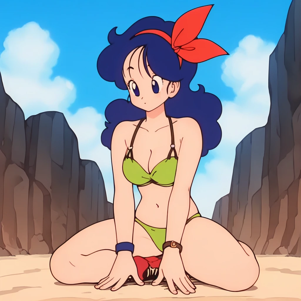 source_anime, score_9, score_8_up, score_7_up, anime screencap, high quality, launch good, 1girl, solo, blue hair, breasts,from below, blue eyes, cleavage, long hair, sky, cloud, curly hair, blue sky, midriff, day, big breasts, bikini, outdoors, red hairband, bare shoulders, sitting, collarbone, looking at another, hands on floor, eyelashes,