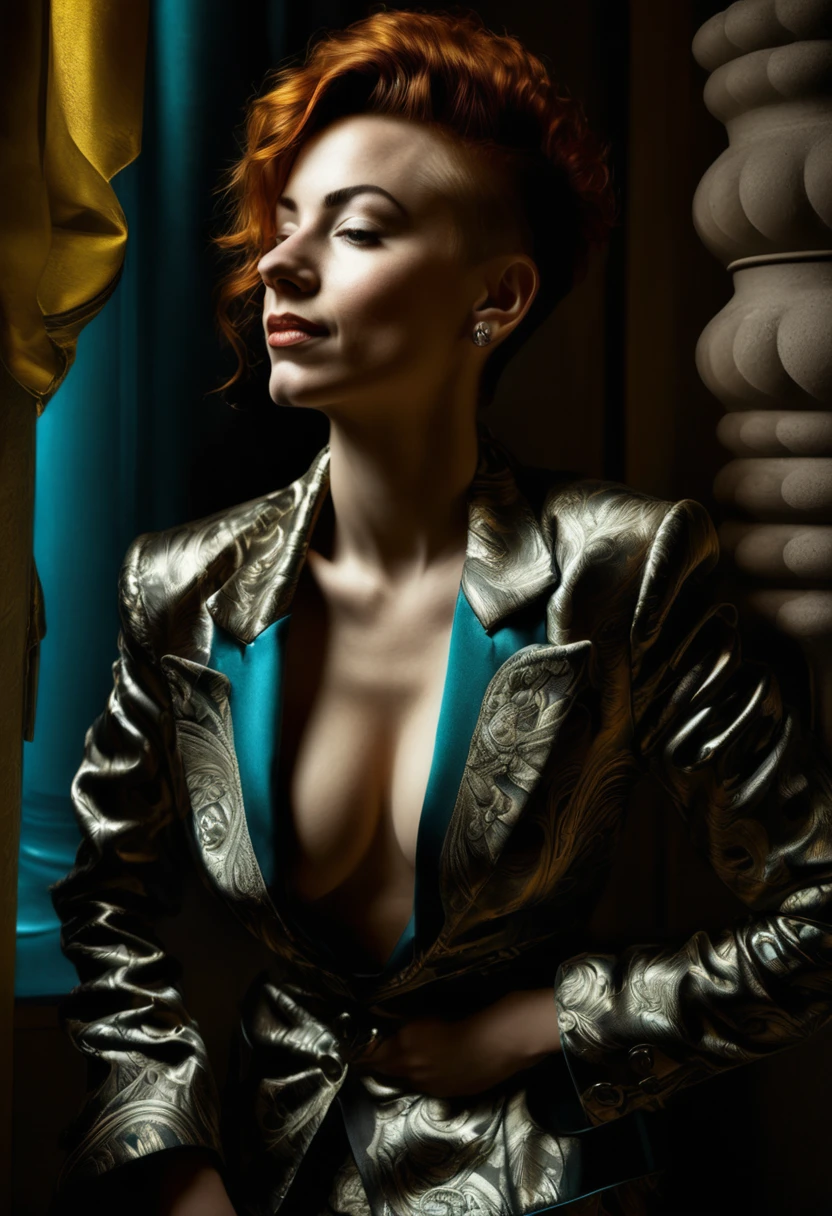 Ultra detailed, intricate detail, cinematic photo. intense backlight. Chiaroscuro. Beautiful face, intricate. Night in new york. Black and white, b&w, golden hour. Award winning monochromatic photograph in extreme low angle full body portrait of shy smile, playful, strong Beautiful punk rock woman in very ornate tight teal suit, Cleavage,. Posing smiling. Undercut, shaved redhead. Caravaggio style. Vermeer, Goya, Caravaggio. Cleavage.
