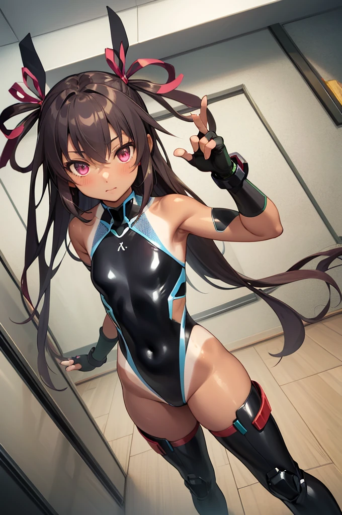 8k,best quality,masterpiece, highest quality, High resolution ,Mizuki Yukikaze, 1 person,Hair Ribbon, Black leotard,( (Taimanin suit)), skinny,flat ,One Piece Tan, Elbow Bag, Fingerless gloves, Thigh-high boots,pov,