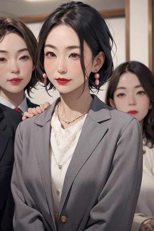 Beautiful mature Japanese woman aged 55, Long eyelashes, Bob Hair, Red lipstick, Pink Cheeks, Pearl Necklace, Earrings, Houses of Parliament, Female politicians, In a suit