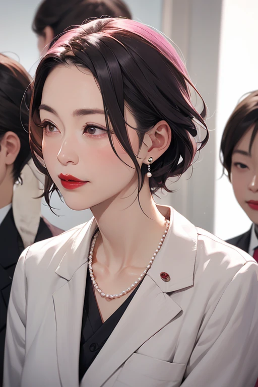 Beautiful mature Japanese woman aged 55, Long eyelashes, Bob Hair, Red lipstick, Pink Cheeks, Pearl Necklace, Earrings, Houses of Parliament, Female politicians, In a suit