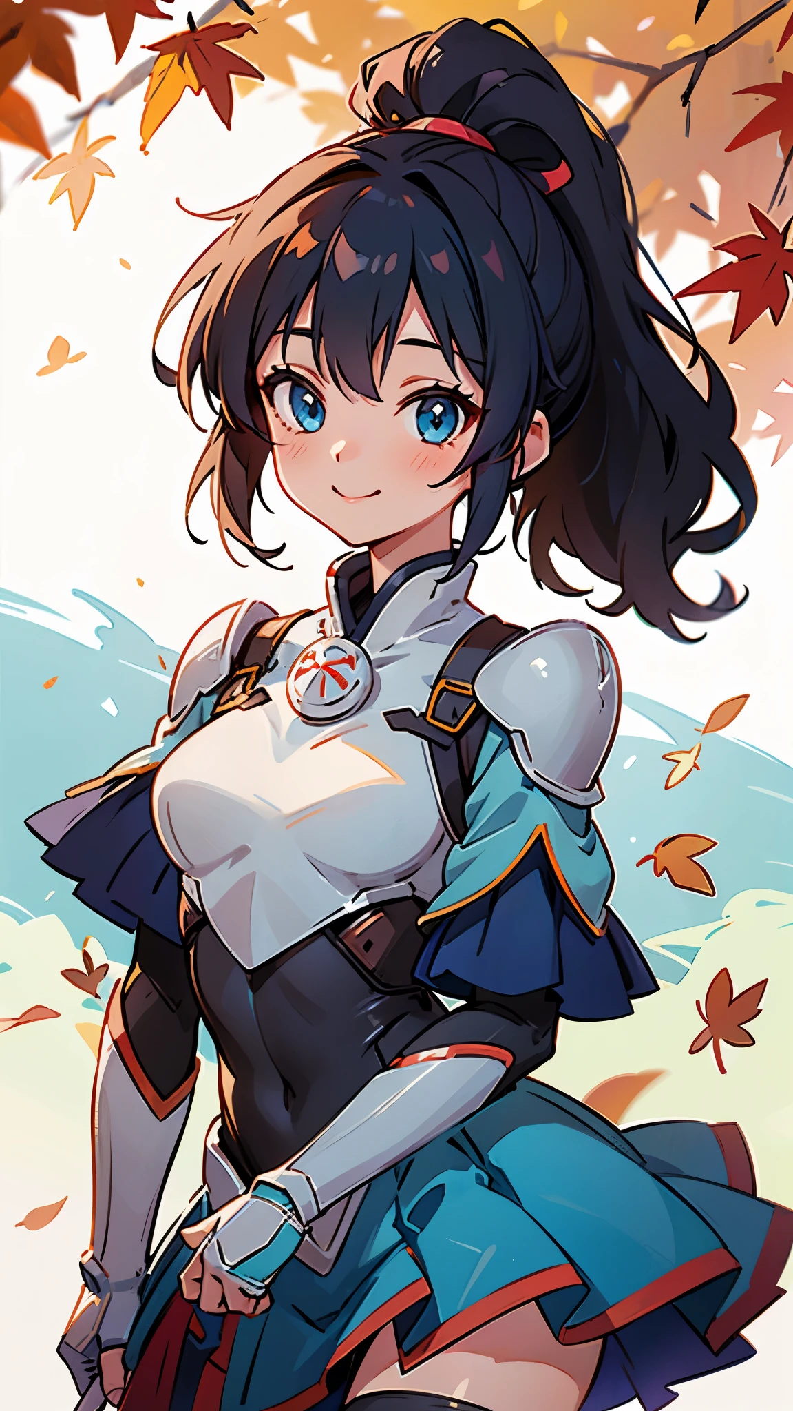 One girl、alone、Anime-style paintings、Sparkling Blue Eyes、Black Hair、ponytail、armor、Blue bodysuit、boots、Fits perfectly to the skin、skirt、thigh boots、Knee socks、Upper body close-up、smile、邪悪なsmile、Perfect lighting、Autumnal leaves々、Momiji Park、Background Blur, Written boundary depth