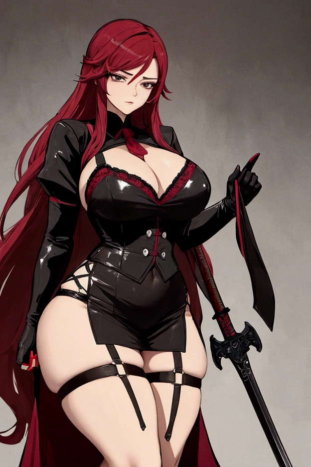 A villain with a ladylike, arrogant air.。Red hair、Her chest is large because of the open-chested outfit.、There is a slit in the waist part.、Her legs are plump and she is wearing a black skirt and a garter belt.。The figure is depicted holding a sword in its right hand, with the whole body in the picture.