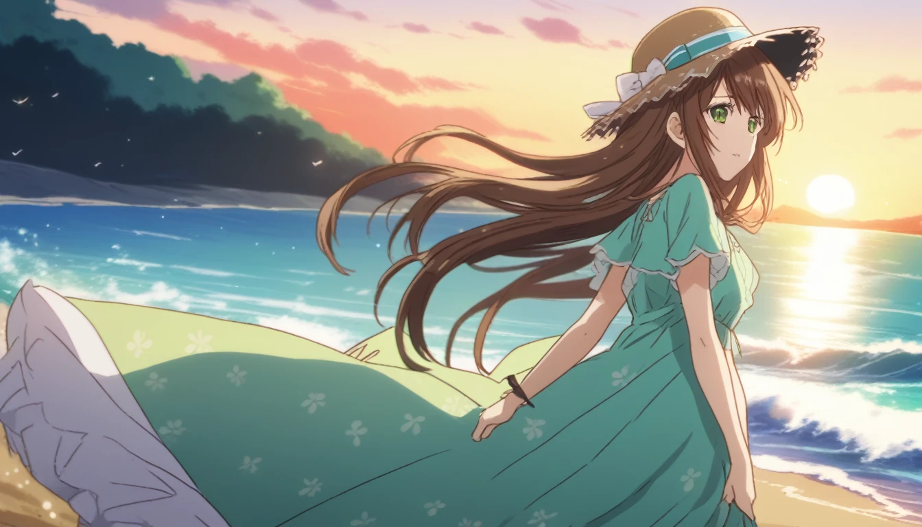 Hina Tachibana, long hair, brown hair, green eyes, Summer Dress, long dress, Beach, wind, pleasure, sunset, hat
