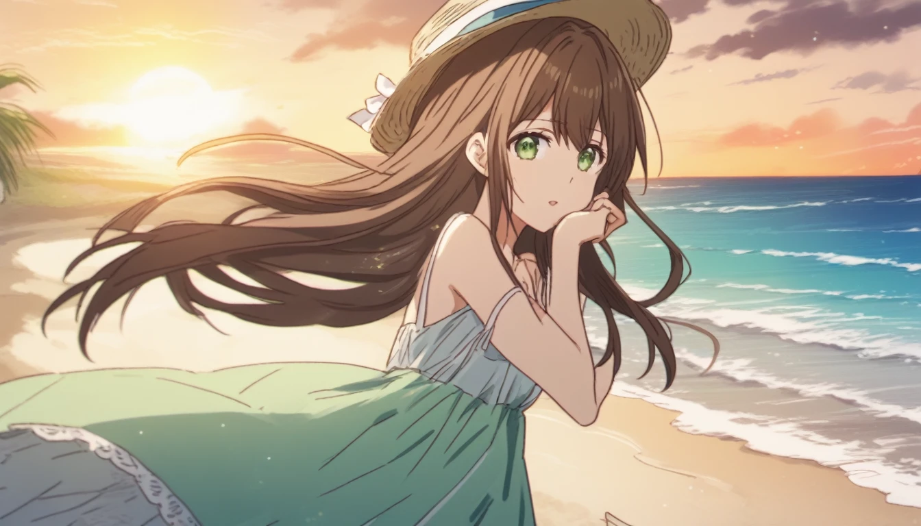 Hina Tachibana, long hair, brown hair, green eyes, Summer Dress, long dress, Beach, wind, pleasure, sunset, hat
