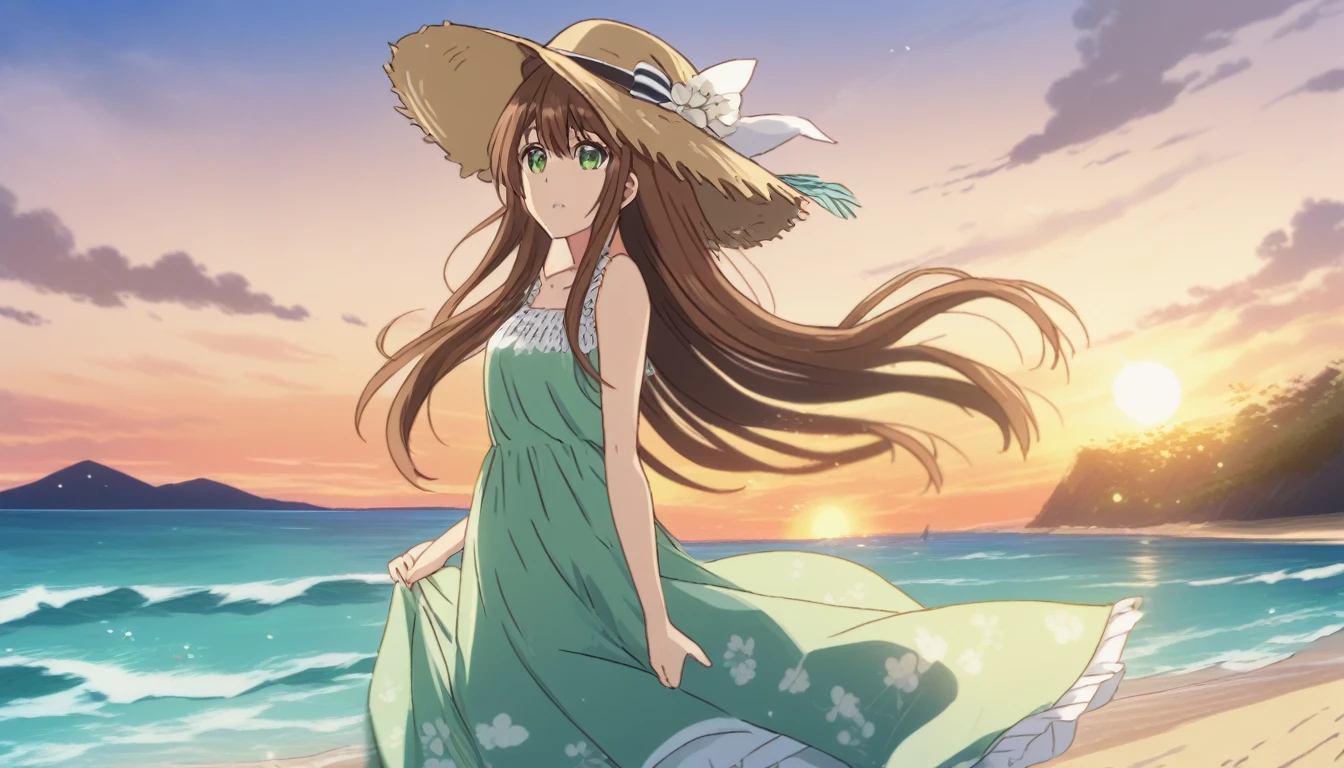 Hina Tachibana, long hair, brown hair, green eyes, Summer Dress, long dress, Beach, wind, pleasure, sunset, hat
