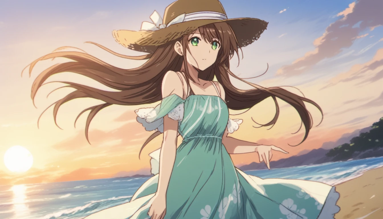 Hina Tachibana, long hair, brown hair, green eyes, Summer Dress, long dress, Beach, wind, pleasure, sunset, hat
