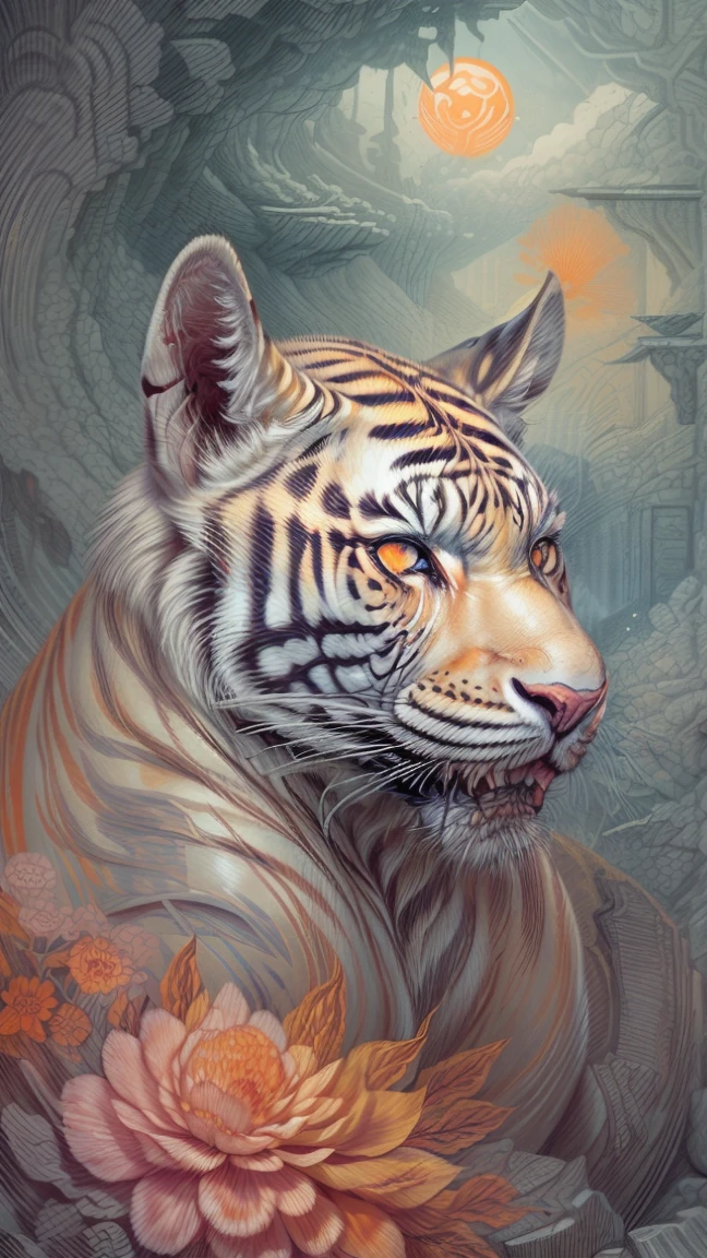 Black and gray realistic tattoo art of tiger with (((orange eyes))) with pink sakura petal effect ,he is with open mouth looking very fierce and angry, the background is Japanese wave tattoo, (Unity 16K Wallpaper, masterpiece, Best Quality, high quality, Ultra-detailed, extremely details)
