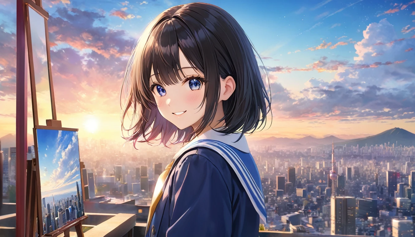 Downtown Tokyo, A clear sky with fluffy white clouds, construction area, Blur the background,Black haired school girl, High Cut ,smile,Glitter effect,Highest quality, 4K, 8k, High resolution, masterpiece:1.2, Very detailed, Realistic:1.37, High resolution, 超High resolution, Studio Lighting, Ultra-fine painting, Sharp focus, Physically Based Rendering, Very detailedな説明, Professional, Vibrant colors, Portraiture, landscape, photograph. Blue dominates the color palette