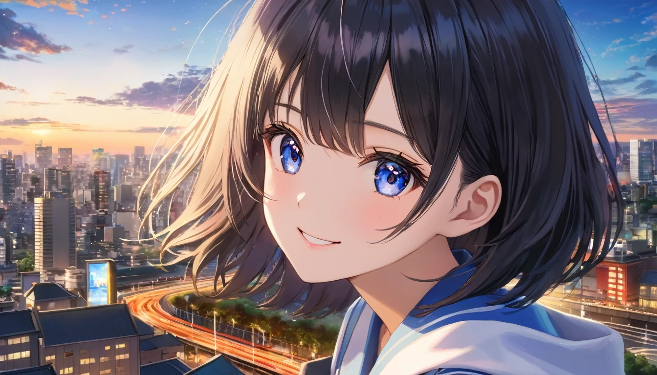 Downtown Tokyo, A clear sky with fluffy white clouds, construction area, Blur the background,Black haired school girl, High Cut ,smile,Glitter effect,Highest quality, 4K, 8k, High resolution, masterpiece:1.2, Very detailed, Realistic:1.37, High resolution, 超High resolution, Studio Lighting, Ultra-fine painting, Sharp focus, Physically Based Rendering, Very detailedな説明, Professional, Vibrant colors, Portraiture, landscape, photograph. Blue dominates the color palette