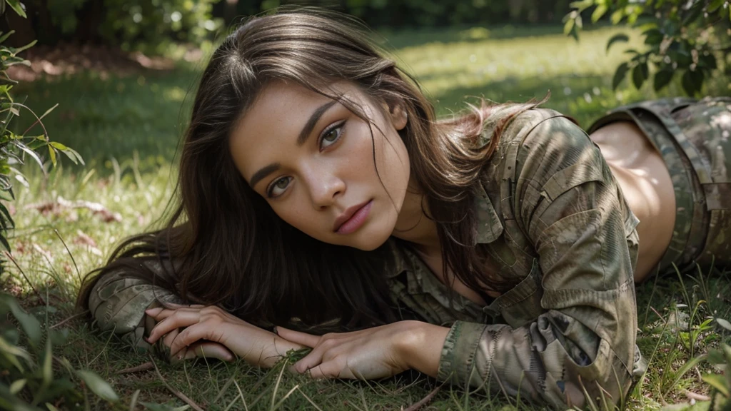 A woman in a military ghillie suit, lying on her stomach on the grass, seamlessly blending into the background, beautiful detailed eyes, beautiful detailed lips, extremely detailed eyes and face, long eyelashes, photorealistic, 8k, masterpiece, intricate details, natural lighting, lush greenery, realistic textures, muted color palette