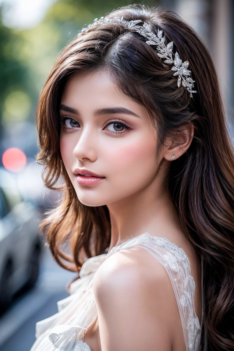 (absurd quality,16K,highres,​masterpiece:1.2), Ultra Details,uhd,(fotorealistier Realismus 16K Qualität), A stunningly beautiful 18-year-old girl named Anikha, the epitome of elegance and charm. She is the focus of this ultra-detailed, 8K resolution ​masterpiece and a uhd rating of 1.3. Her delicate facial features are captured with breathtaking realism, which is surrounded by a majestic,  she looks like, as if it had sprung from a high-resolution dream. Her skin glows in soft red, perfect betont ihre detaillierte, Natural beauty. (the most absurd quality perfect eyes), (super beautiful sweet hot face), ((clearly, no blur and sharp, perfect, round, realisti, brown_eyes:1.28)), finely detailed pupils, Detailed Lips:1.3, reflects the cinematic light, that surrounds them. Sie sind so realisti und scharf, that they seem to carry secrets of the universe within them. Your long, shiny hair is decorated with a hair accessory, which adds an extra touch of elegance to her already flawless look. der Hinterground, eine Leinwand der verschwommenen Perfektion für Hintergroundunschärfe, shows a complicated design, that complements the overall aesthetic, without overwhelming the main subject.
