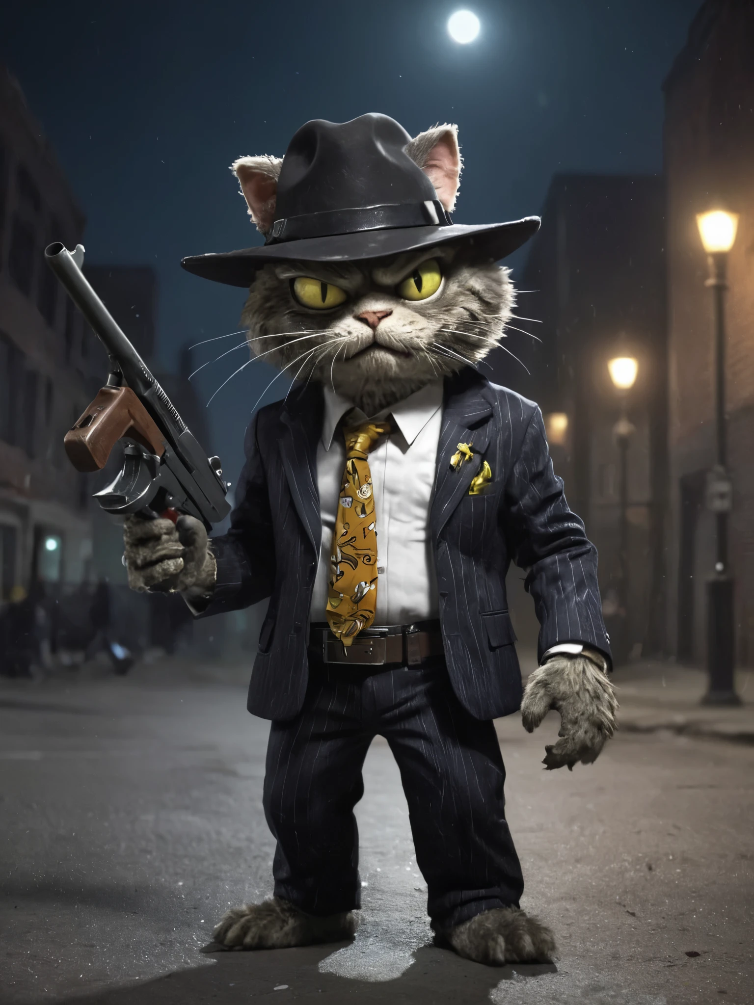 Plants vs. Zombies style, anthropomorphic furry cat in a gangster suit carrying a tmmygn submachine gun in a nighttime Chicago street. Cowboy shot.