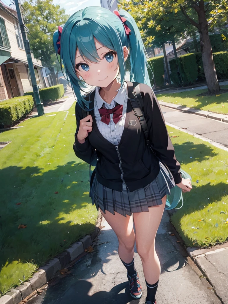 ( Absurd , high quality , Super detailed, Watch your hands,Pay attention to your legs,The number of fingers on the hand is 5 )One girl,Hatsune Miku,The physique is thin,Small breasts,服装はHatsune Mikuの服,The location is in the park,Holding the microphone in your right hand,Singing a song,smile