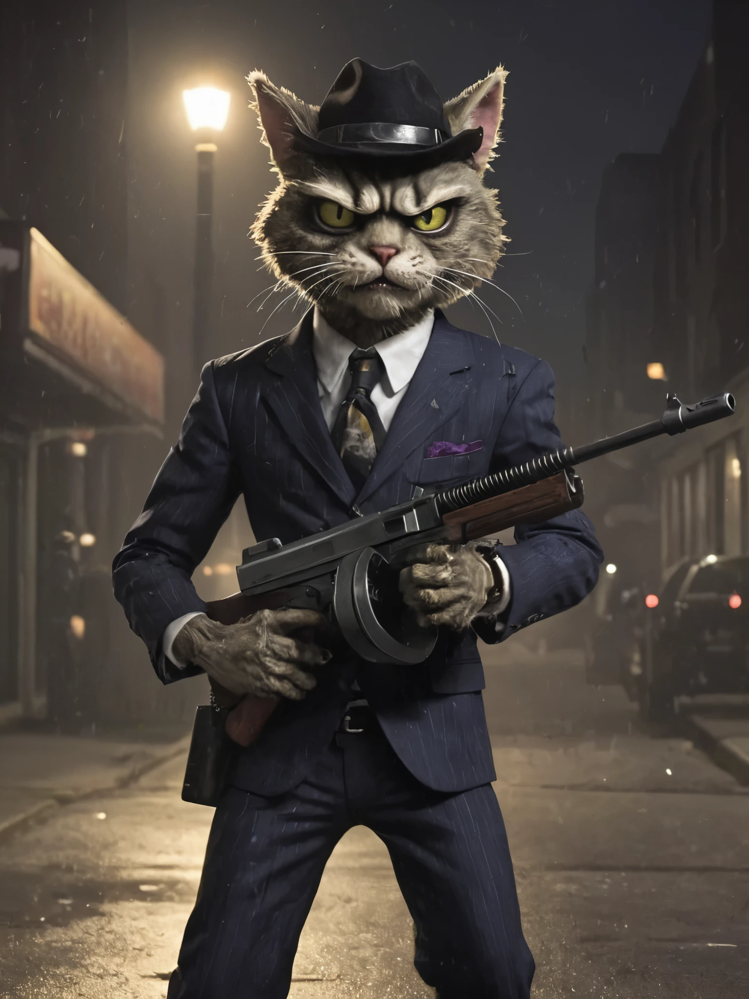 Plants vs. Zombies style, anthropomorphic furry cat in a gangster suit carrying a tmmygn submachine gun in a nighttime Chicago street. Cowboy shot.