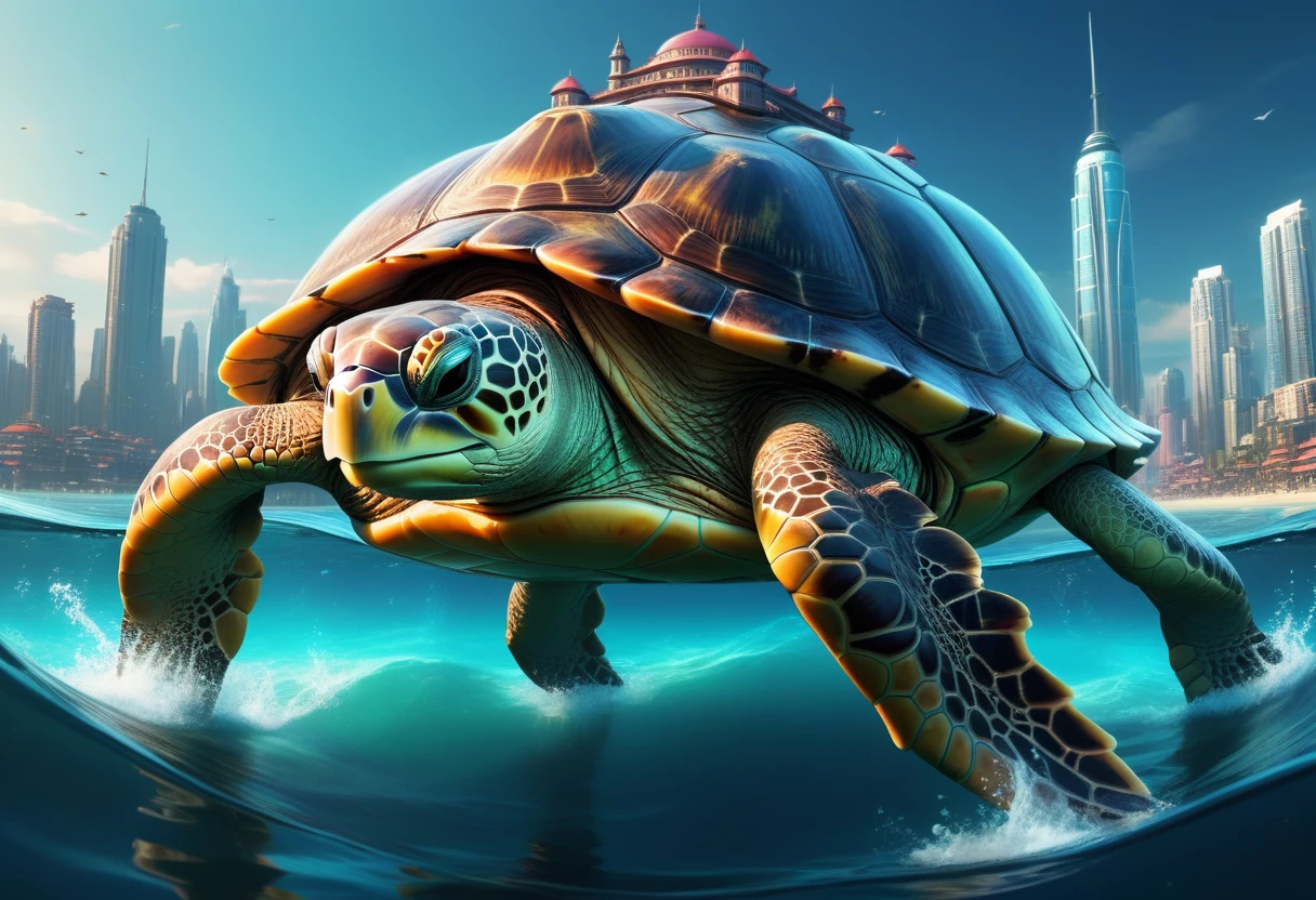 a huge turtle swimming in the ocean, futuristic city built on top of the turtle's shell, vibrant colors, anime style, detailed, 4k, masterpiece, photorealistic, dynamic lighting, cinematic composition, dramatic angles, glowing cyberpunk architecture, alien technology, bioluminescent sea creatures, shimmering waves, breathtaking scale, intricate details, hyperrealistic textures, mesmerizing color palette