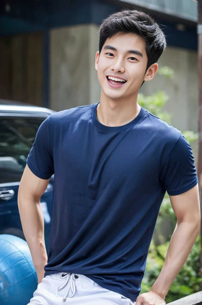 Korean man, Inspiration from Peng Yuyan, 23 years old, Korean muscular man ，The computer room is in the back, tight sports t-shirts, navy blue., open mouth smile