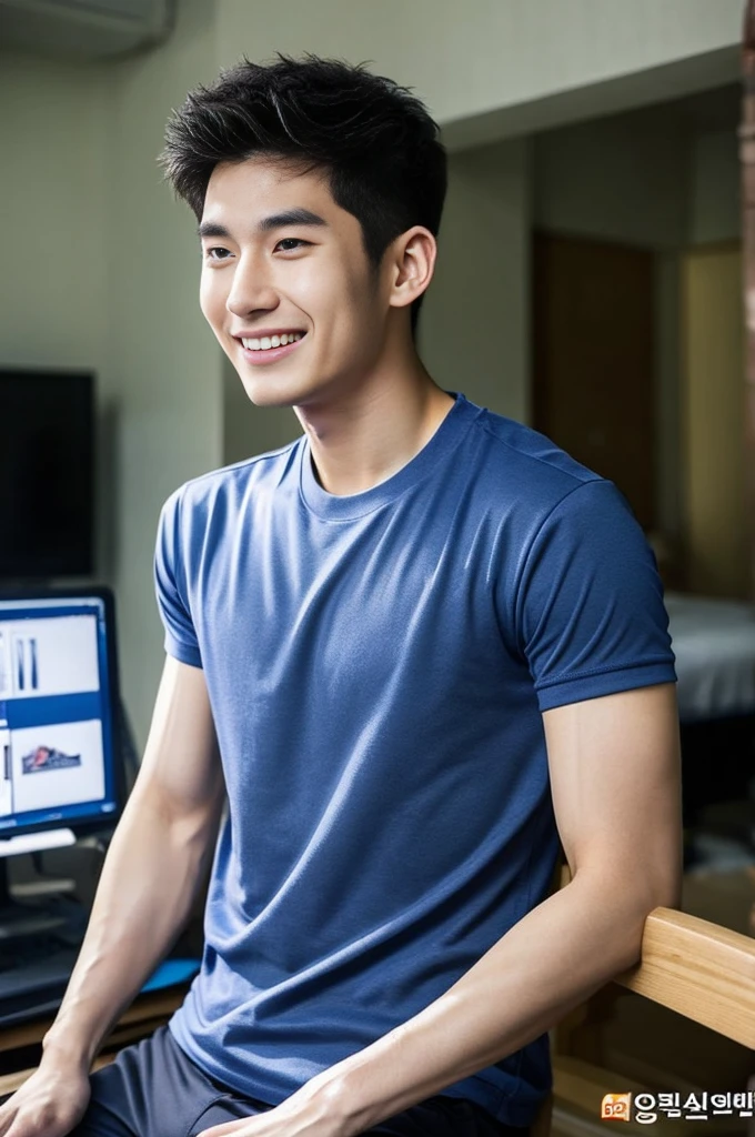 Korean man, Inspiration from Peng Yuyan, 23 years old, Korean muscular man ，The computer room is in the back, tight sports t-shirts, navy blue., open mouth smile