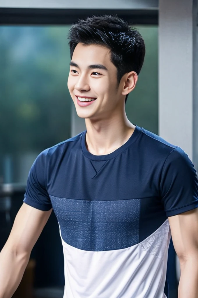 Korean man, Inspiration from Peng Yuyan, 23 years old, Korean muscular man ,The computer room is in the back, tight sports t-shirts, navy blue., open mouth smile