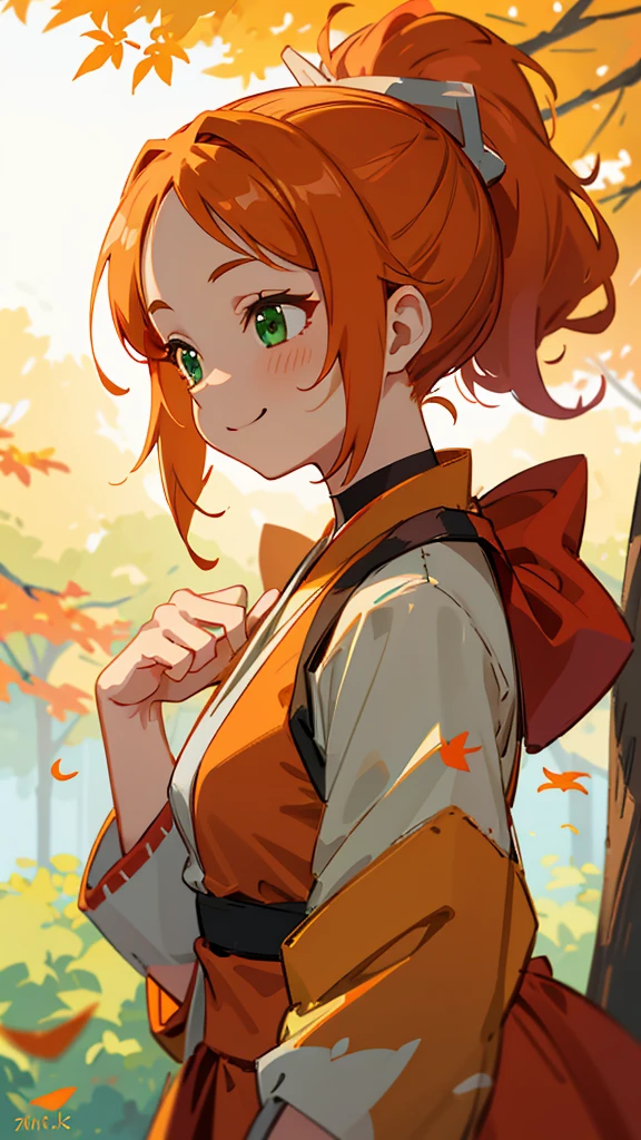 1 Girl、Anime style painting、Upper body close-up、From the side、Wicked Smile、Orange clothes、Orange Hair、ponytail、Beautiful green eyes、Perfect lighting、Autumnal leaves々、Momiji Park、Background Blur, Written boundary depth