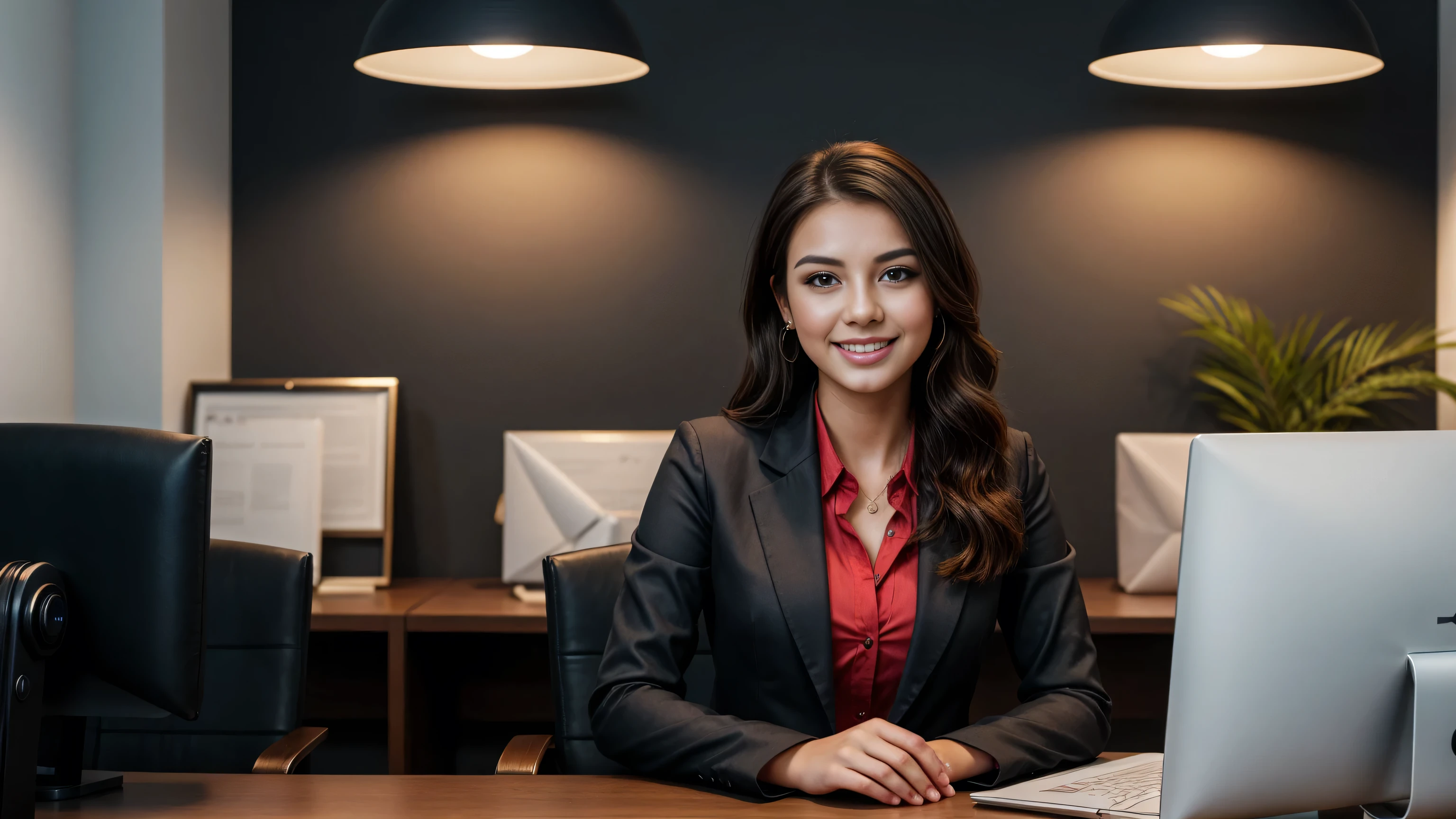 a beautiful girl in a professional office setting, black hair, looking at viewer, elegant red business attire, (red business dress:1.1), gentle expression, full smile, professional and efficient, warm lighting, photorealistic, highly detailed, cinematic composition, dramatic lighting, color grading, Rembrandt lighting