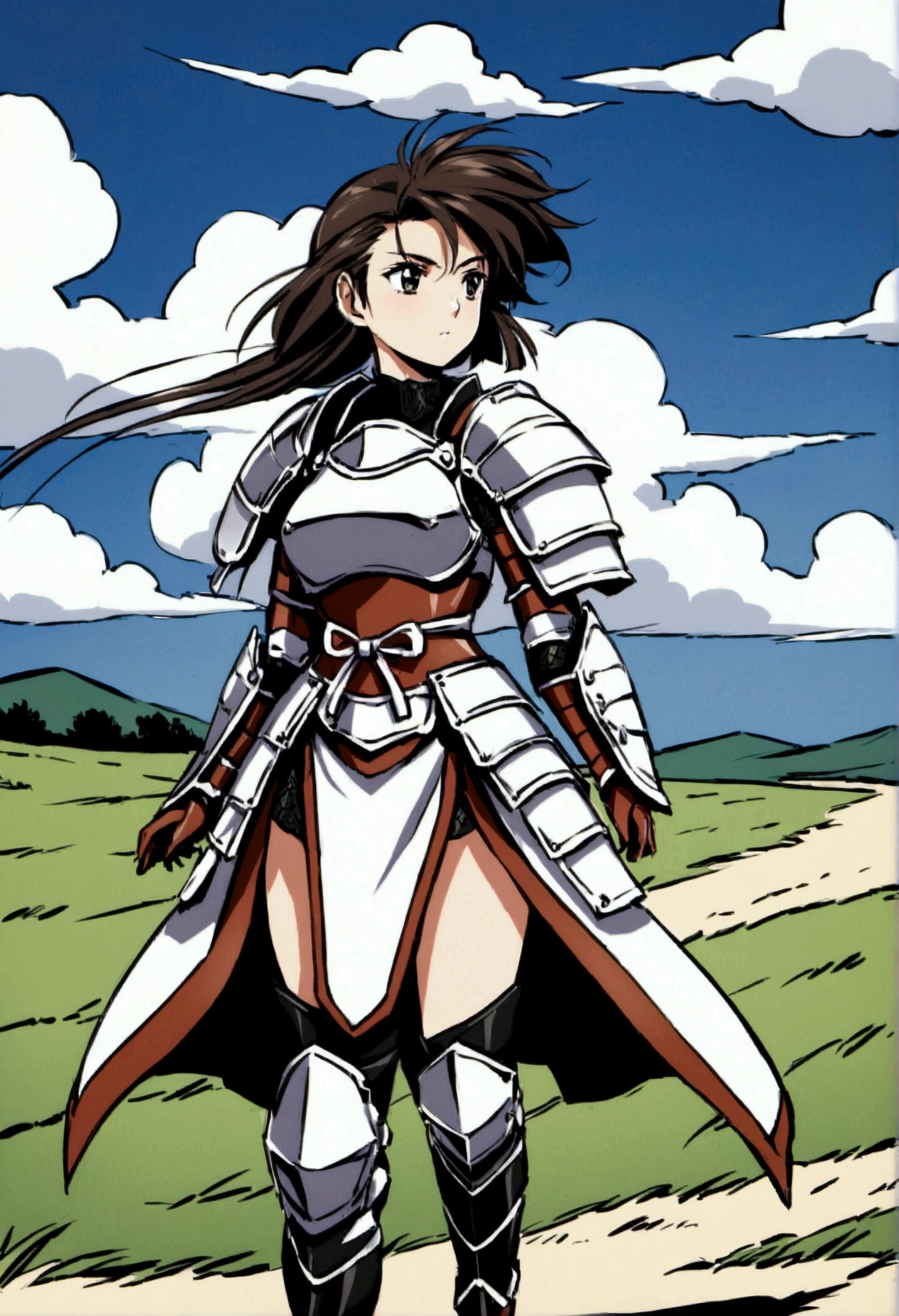 A female samurai in armor, traveling on a windy journey. She has a determined expression, with her hair blowing in the wind. Her armor is detailed and traditional, showing signs of wear from travel. She walks along a path surrounded by vast, open landscapes with rolling hills and tall grasses swaying in the wind. The sky above is dynamic, with clouds moving swiftly, indicating strong winds. The scene captures a sense of adventure and resilience.