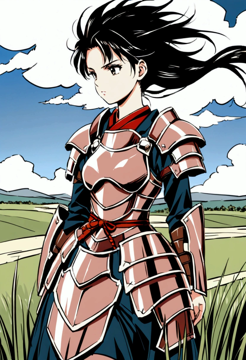 A female samurai in armor, traveling on a windy journey. She has a determined expression, with her hair blowing in the wind. Her armor is detailed and traditional, showing signs of wear from travel. She walks along a path surrounded by vast, open landscapes with rolling hills and tall grasses swaying in the wind. The sky above is dynamic, with clouds moving swiftly, indicating strong winds. The scene captures a sense of adventure and resilience.