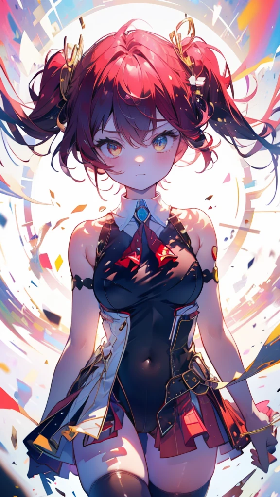 (Ultra-high resolution,masterpiece, Attention to detail, Highest quality), 8k,(bbmarine, twintails, heterochromia, red ascot, bare shoulders, red shirt, bare arms, sleeveless, see-through, (leotard under clothes:1.2), covered navel, belt, pleated skirt, red skirt, black thighhighs),(Blessed,Captivating body、Ultra-detailed skin、Super beautiful eyes、Detailed Background),One girl、 (enjoy :1.5),