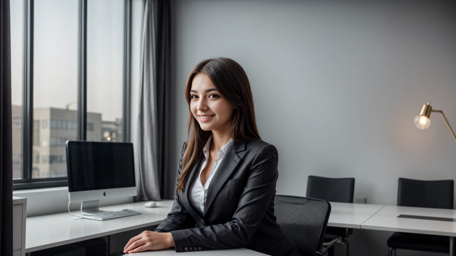a beautiful girl in a professional office setting, black hair, looking at viewer, elegant red business attire, (red business dress:1.1), gentle expression, full smile, professional and efficient, warm lighting, photorealistic, highly detailed, cinematic composition, dramatic lighting, color grading, Rembrandt lighting