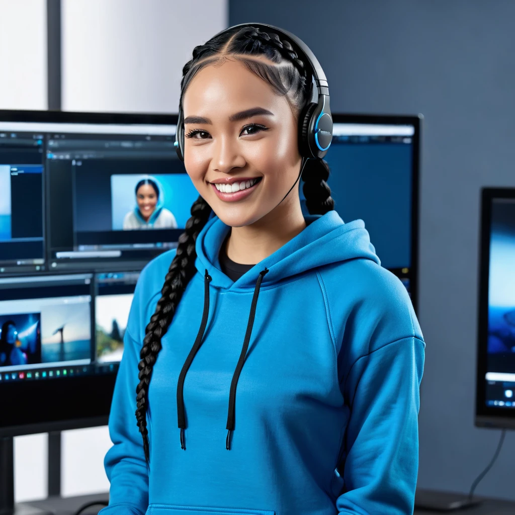 Image of an Indonesian woman with black hair in braids, wearing a wireless earphone mic color black on her head. The woman was wearing a blue hoodie, she appeared to be standing facing a monitor screen. studio background with several monitor screens. Smile, HD 24k, Realistic, photography, Radiant, bright, elegant, charming, view wide studio.
