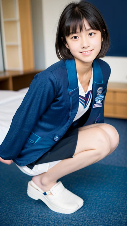 lens: 135mm f1.8, (Highest quality), (Beautiful 14 year old Japanese girl), (Moisturized lips), Narrow eyes, double eyelid, Delicate clavicle, Flat Chest , Embarrassed about my small, undeveloped breasts, smile, (Spotted sunlight: 1.2), Professional Lighting, (Petite figure), (Sunburned skin: 0.2), Full body photo, Full Body Focus, (Kneeling)、A neat and tidy honor student、Slender body、(Dark blue blazer school uniform:1.5)、Boyish very very short hair、Stylish white bedroom、Ribbon on chest、Sweep all your hair back、ponytail