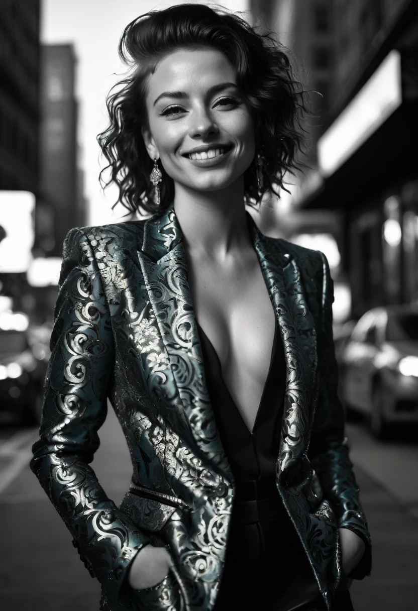 Ultra detailed, intricate detail, cinematic photo. intense backlight. Chiaroscuro. Beautiful face, intricate. Night in new york. Black and white, b&w, golden hour. Award winning monochromatic photograph in extreme low angle full body portrait of shy smile, playful, strong Beautiful punk rock woman in very ornate tight teal suit, Cleavage,. Posing smiling. Undercut, shaved redhead. Caravaggio style. Vermeer, Goya, Caravaggio. Cleavage.
