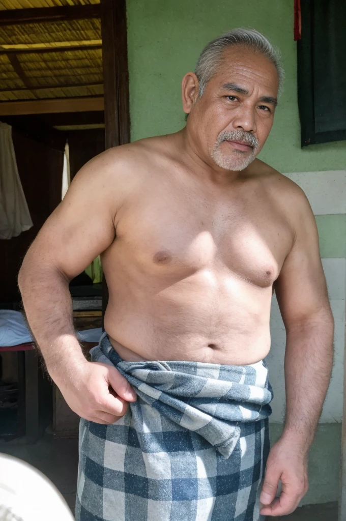 Old Asian man 70 years old, loincloth tied around his waist(Thai Loincloth(plaid cloth)), Old Thai man, construction worker, White hair, white mustache, very hairy, big meaty pecs, tank top, No pants, no underwear, dick clearly visible, Dick erect