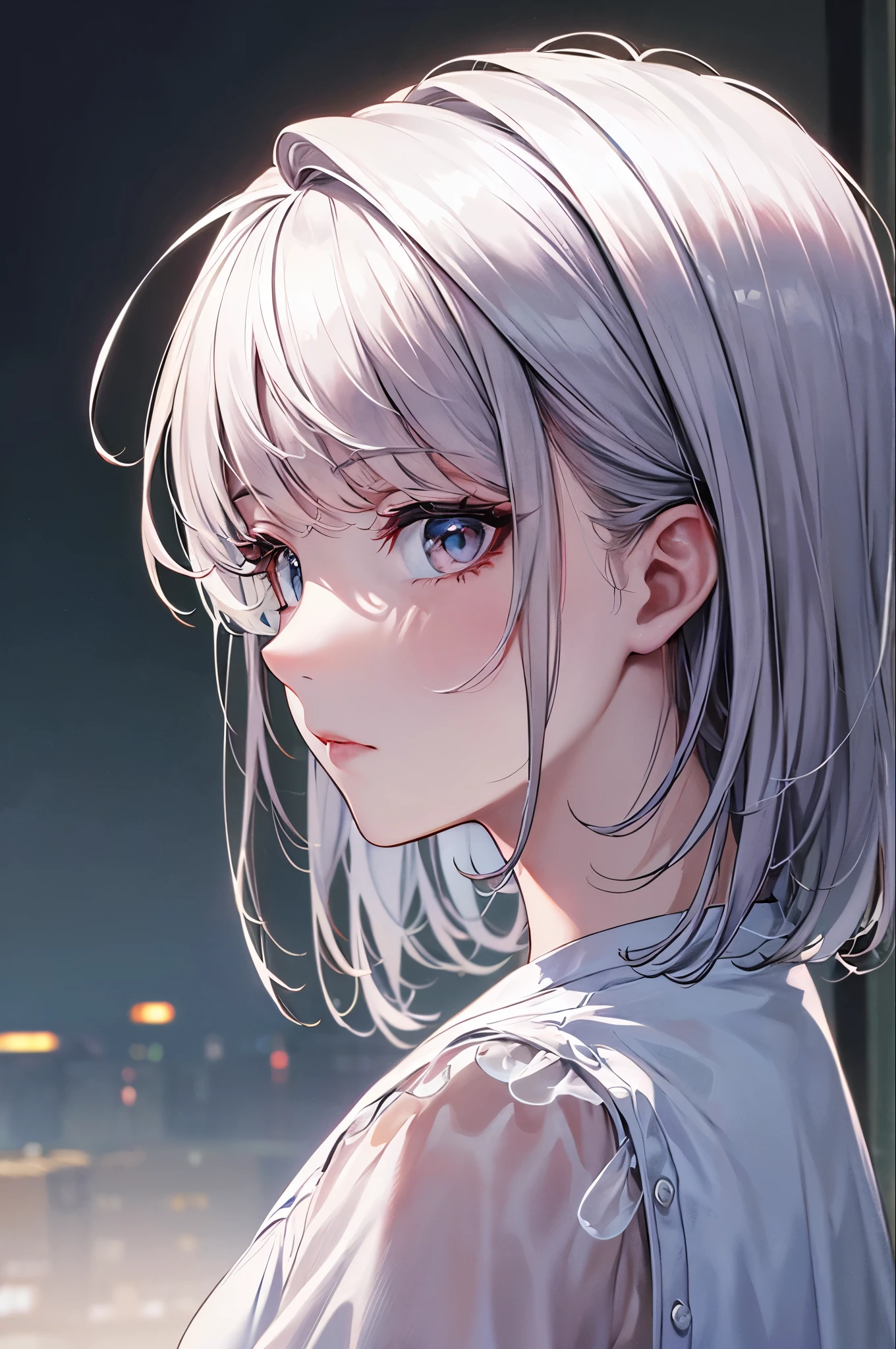 Highest quality,A perfect masterpiece,Perfect artwork,Official Works,8k,, (Upper body portrait:1.3),((View from the side:1.5)),Close-up lens,Delicate face,, ,White Hair Girl,Medium Hair,((White, clear eyes:1.5)),(White Dress:1.2)、 The illusion of pearls,cyber punk,Fashion Trends,,Octane Rendering,Ray Tracing,Intricate details,Animation lighting,OCrenderer,