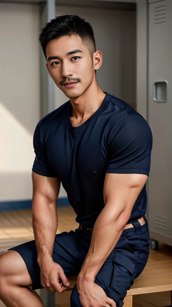 Masterpiece, best quality, high resolution, realistic, handsome, Take beautiful photos, A photo of a 35-year-old Gym Association member sitting on the floor. (The man has a thin mustache.) ,Full body, Portrait, Standing in the locker room, make military media, weight, Amazing , Buzzcut short hair,stubble head , (Hyper Muscle),looking at the audience, Flirt with the camera, charming, (Tight navy blue workout shirt. Cargo pants ),(GS-Male:1), 8k,Bokeh,Portrait,look at the viewer, smile Masterpiece, best quality, high resolution, realistic, handsome, Take beautiful photos, A photo of a 35-year-old Gym Association member sitting on the floor. (The man has a thin mustache.) ,Full body, Portrait, Standing in the locker room, make military media, weight, Amazing , Buzzcut short hair,stubble head , (Hyper Muscle),looking at the audience, Flirt with the camera, charming, (Tight navy blue workout shirt. Cargo pants ),(GS-Male:1), 8k,Bokeh,Portrait,look at the viewer, smile