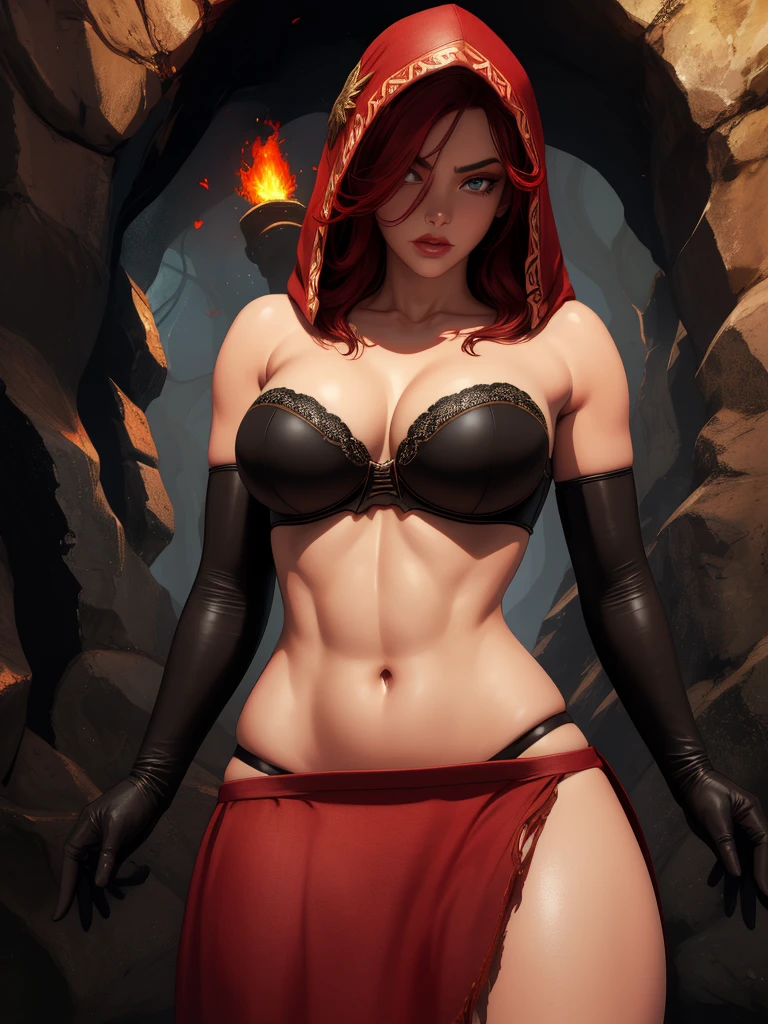 Dsorceress, redhair, shadowy face,dark cave, fire, hood, shadowed face, strapless bra, slim and athletic body, miniskirt, no panty, elbow gloves, dark skin, 1 girl (insanely detailed, masterpiece, best quality)
