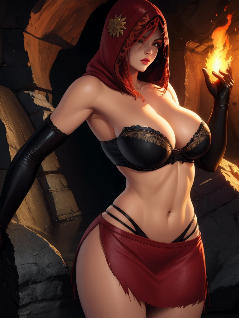 Dsorceress, redhair, shadowy face,dark cave, fire, hood, shadowed face, strapless bra, slim and athletic body, miniskirt, no panty, elbow gloves, dark skin, 1 girl (insanely detailed, masterpiece, best quality)
