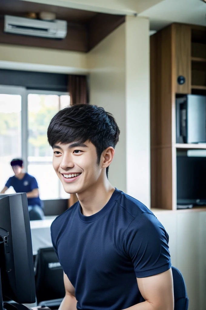 Korean man, Inspiration from Peng Yuyan, 23 years old, Korean muscular man ，The computer room is in the back, tight sports t-shirts, navy blue., open mouth smile