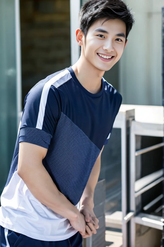 Korean man, Inspiration from Peng Yuyan, 23 years old, Korean muscular man ，The computer room is in the back, tight sports t-shirts, navy blue., open mouth smile