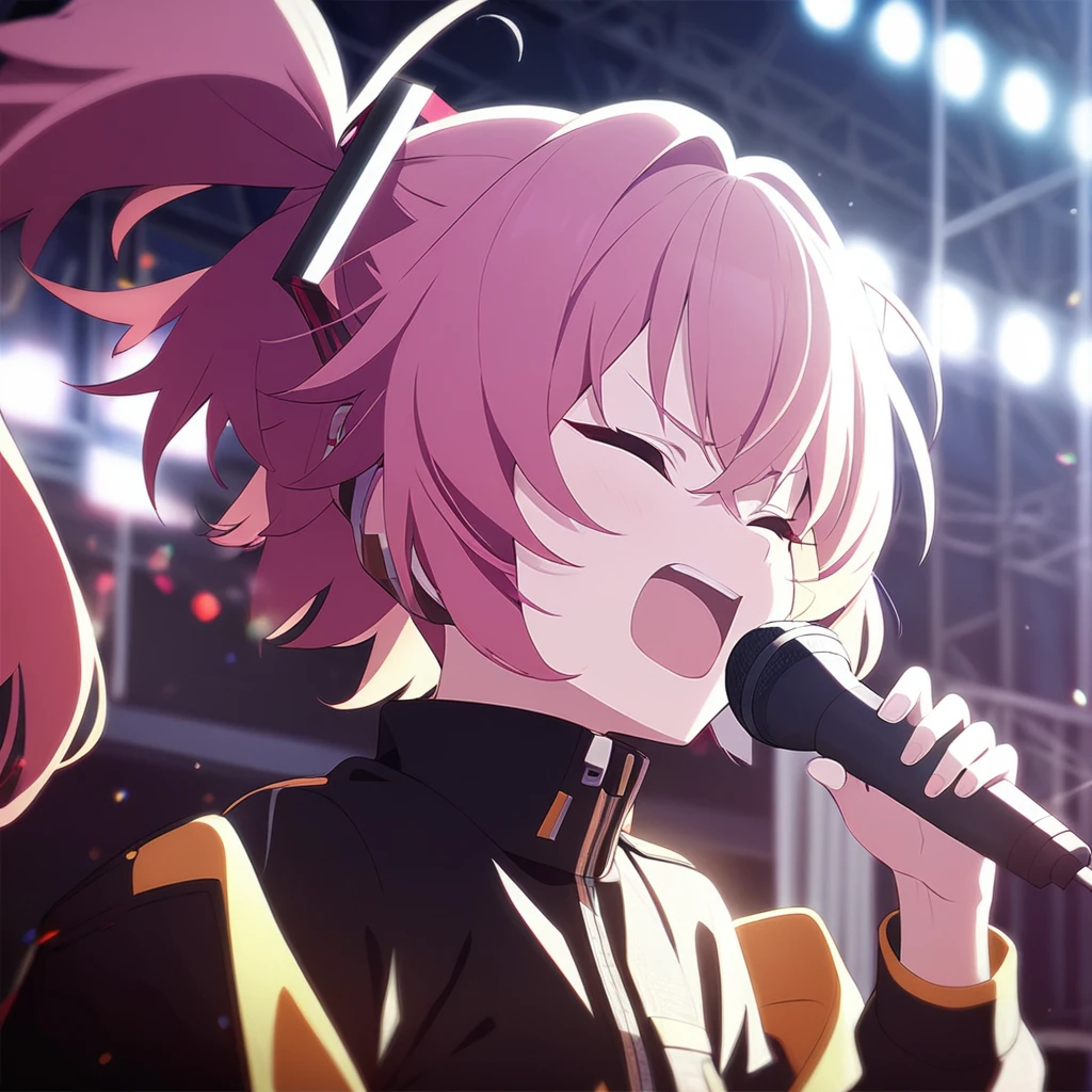 Clear for content(((masterpiece))), (((best quality))),(((high detail))),light manipulation,Teto kasane(Vocaloid),teto's stage back ground,singing,lively/harsh face