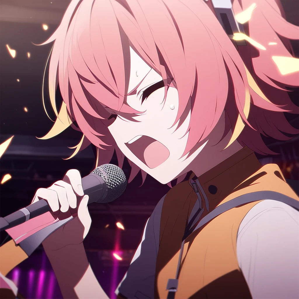 Clear for content(((masterpiece))), (((best quality))),(((high detail))),light manipulation,Teto kasane(Vocaloid),teto's stage back ground,singing,lively/harsh face