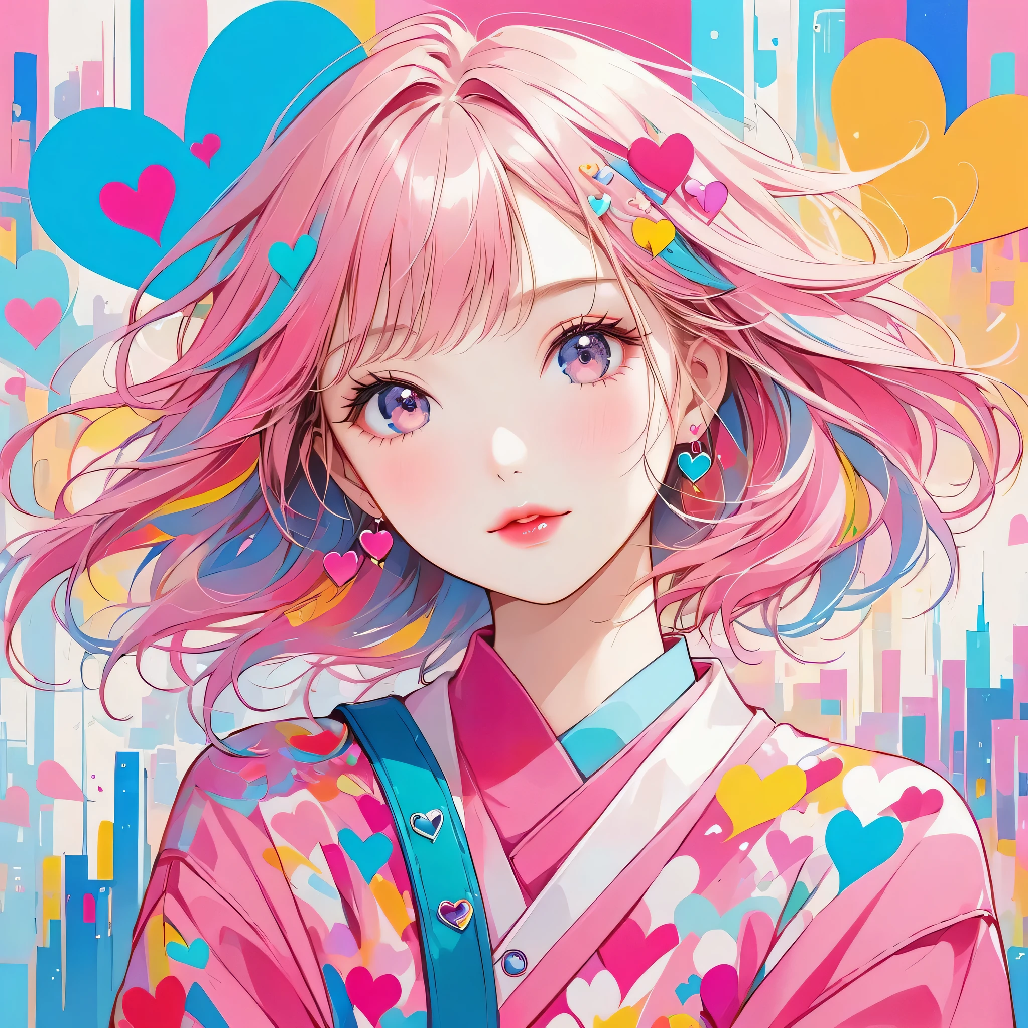 Mai Yoneyama Pink and White style, Simple Line Initialism,Abstract art,Urban Background, (((The most beautiful girl of all time))), Sweet face. Lips in love, colorful hearts, stylish design