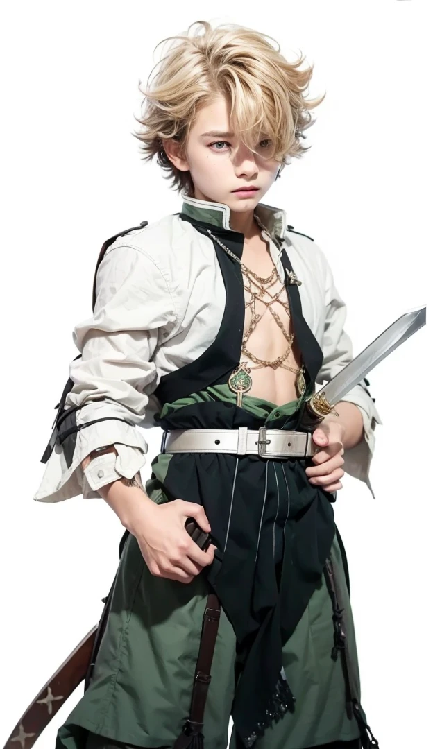a boy brown hair holding a sword near a fire,Green and black plaid shirt, realistic photo ,cinematic