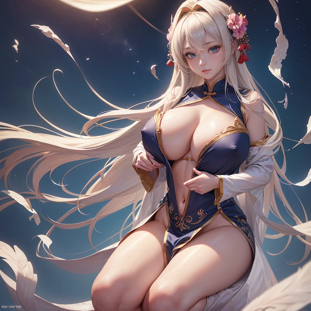 Highly detailed CG unit 8k wallpaper, masterpiece, High resolution, highest quality, highest quality real texture skin, Super Real, Digital Painting, Best image quality, 最High resolution, 8k, ((Highly detailed eyes and face)), 1girl, Beautiful eyes every detail, Full Body Shot, hanfu, (((Saggy breasts, Gravity-dependent breasts, long chest, Heavy chest, ))), ((disproportionate breasts, huge breasts, sagging breasts, gigantic breasts, erect nipple,)), Chinese style embroidery,