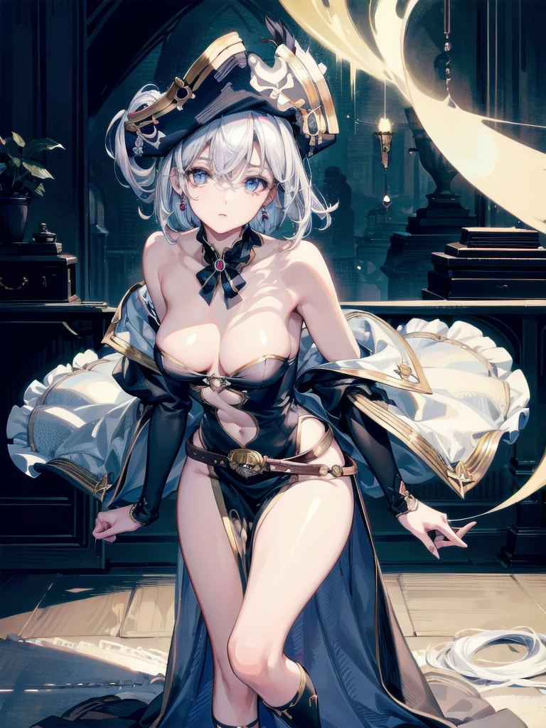 absurdres, RAW photo, extremely delicate and beautiful, masterpiece, Best Quality, ultra high resolution, 32k, hyperrealistic, ultra-detailed, perfect , super Detailed skin, perfect figure, Super Beauty, Perfect Style, Perfect balance, Beautiful Lighting, Perfect Lightning, Realistic Shadows, 20 years old, very Slim body, narrow waist, very small head, very small face, delicate facial features, handsome detailed woman, very detailed eyes and face, realistic face proportions, Realistic beautiful face, Realistic beautiful eyes, tearful mole, earring, very huge round , legs, medium hair, full body shot, indoor, (Practical pirate clothing), Long-sleeved pirate top, Skirt,Torn pirate hat,