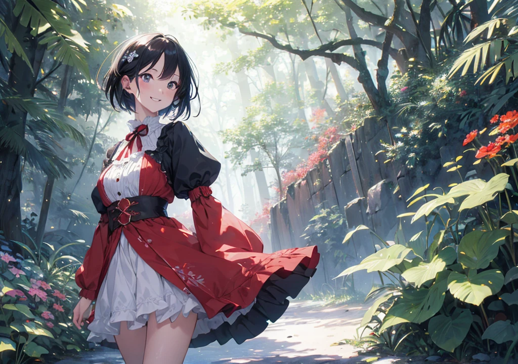 Realistic photos, Focus distance 10mm, Red and white, A big smile, Beautiful girl, Realistic photos, Focus distance 10mmで撮影, masterpiece, 最high quality, high quality, Very detailed CG 8k wallpaper unit, Award-winning photography, Depth of written boundary, High resolution, bloom, chromatic aberration, Realistic, Very detailed, Art Station Trends, CGsociety Trends, Complex, High detail, dramatic, Art on the go, volumetric lighting, A radiant girl with short black hair, in a bright pink dress with blue accents, inspired by Disney's Snow White, standing in a magical forest with birds and woodland creatures