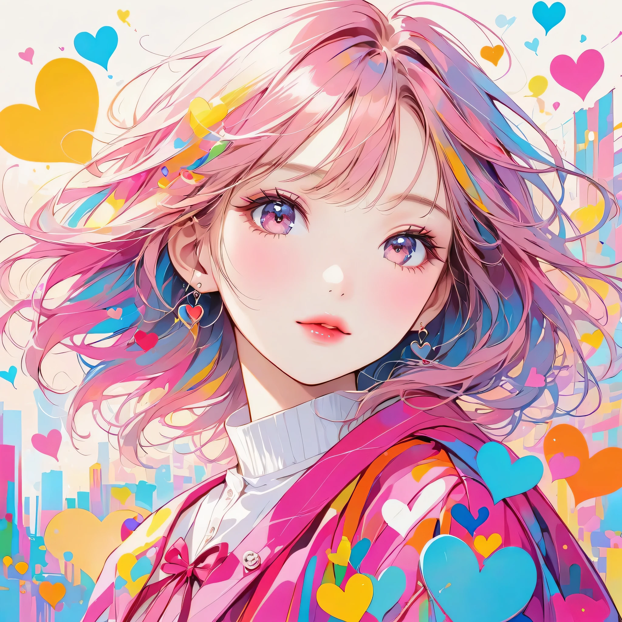 Mai Yoneyama Pink and White style, Simple Line Initialism，Abstract art，Urban Background, (((The most beautiful girl of all time))), Sweet face. Lips in love, colorful hearts, stylish design